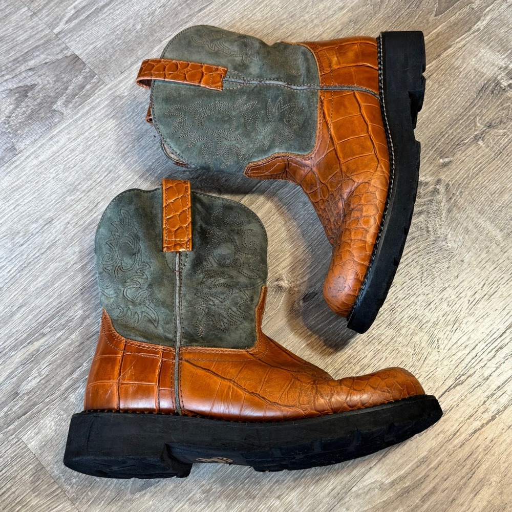 Ariat Fatbaby Original Western Boots Womens 10 B Cognac Croc Olive Green Suede